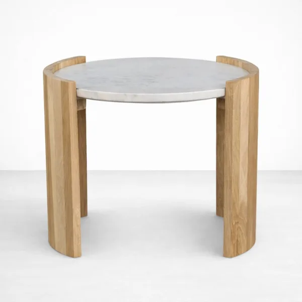 Handcrafted teakwood side table with round marble top by INTERIORZE