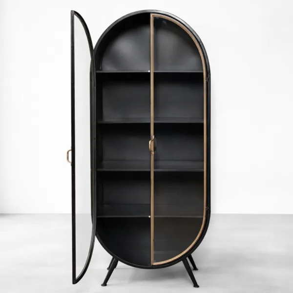 Oval Black Wood Glass Showcase Cabinet