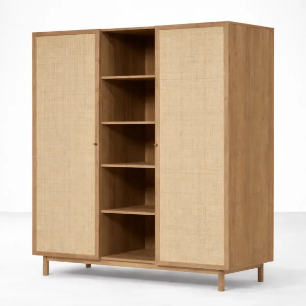 cane wardrobe with open center shelves by INTERIORZE Plywood cane wardrobe