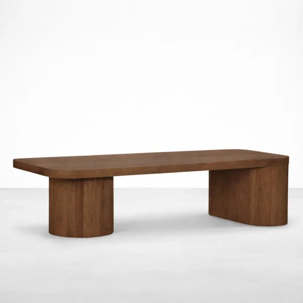 INTERIORZE teakwood center table with rectangular top and rounded pillar base in walnut brown finish
