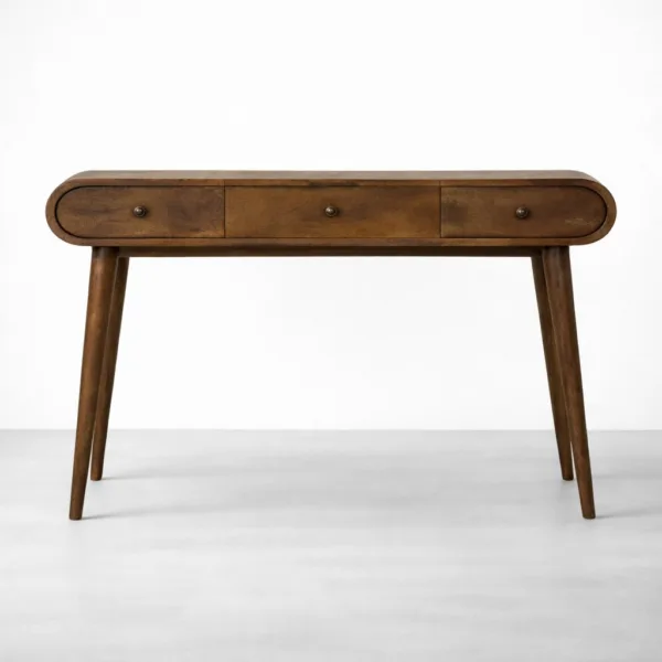 Rounded teak wood study table with 3 drawers and tapered legs