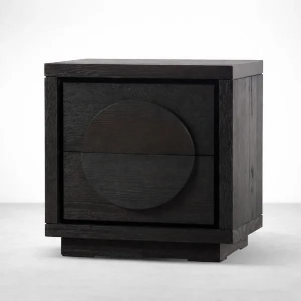 INTERIORZE black teakwood bedside table with geometric drawer front view
