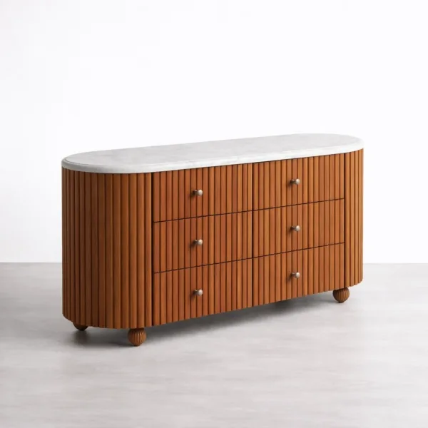 front view of INTERIORZE teak wood chest of drawers with marble top and six drawers