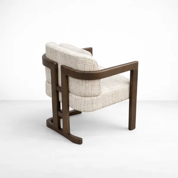 INTERIORZE Elara teakwood upholstered arm chair with beige textured fabric and dark walnut wooden frame