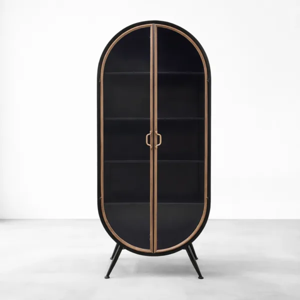 Oval Black Wood Glass Showcase Cabinet