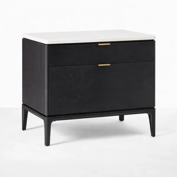 INTERIORZE black wood bedside table with marble top and 2 drawers