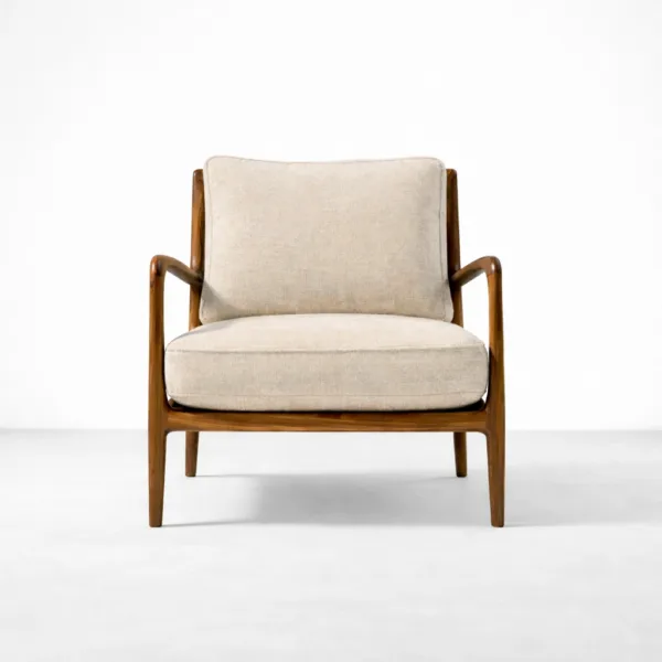 Front view of teakwood arm chair in beige fabric upholstery