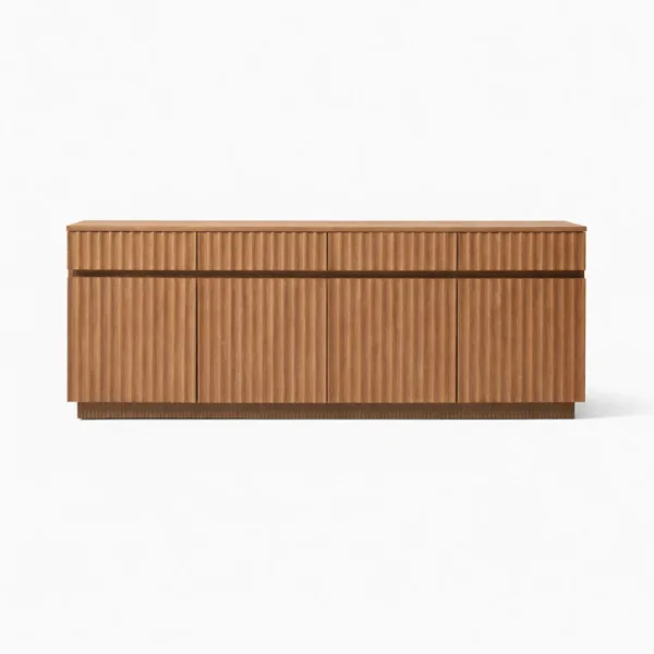Front view of the Ridge Line teak wood media console with fluted cabinet doors