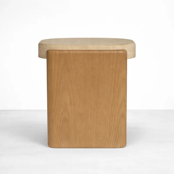 Stone Bridge ash wood side table by INTERIORZE with light stone top and sculptural dual-panel base