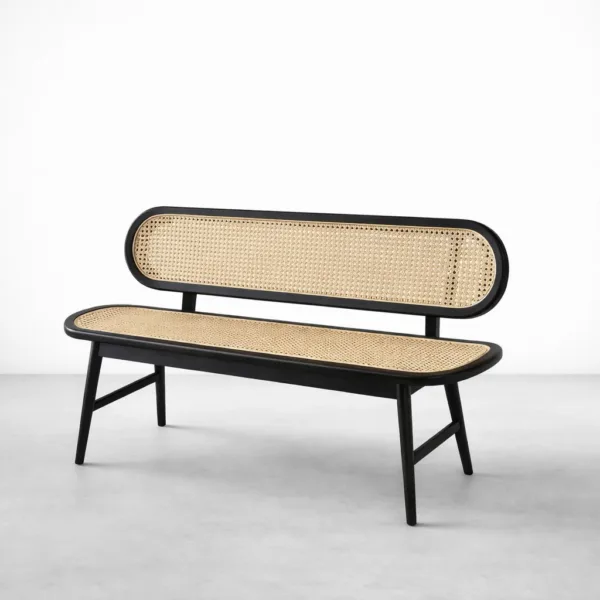 rounded black teak wood cane bench