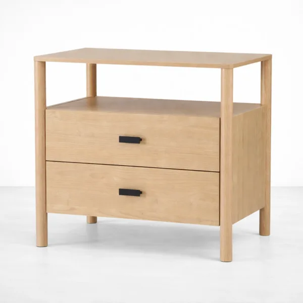INTERIORZE Elowen ash wood bedside table with two drawers and open top shelf in natural finish