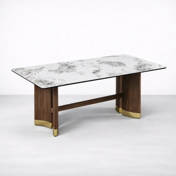 INTERIORZE Aurelia marble top dining table with wood base and brass accents