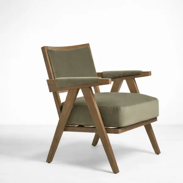 INTERIORZE Avera teakwood upholstered arm chair in olive green fabric with solid wooden frame