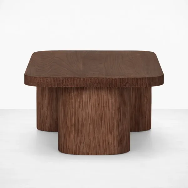 INTERIORZE teakwood center table with rectangular top and rounded pillar base in walnut brown finish