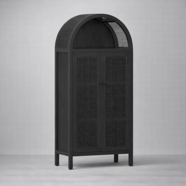 Black Arched Cane Wood Storage Cabinet