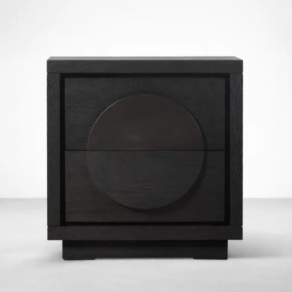 front view of black teakwood bedside table with geometric drawer detail