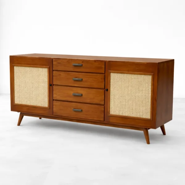 INTERIORZE Vetra Cane Teak Wood Sideboard front view with four drawers and two cane panel doors