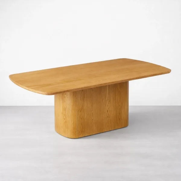 Front view of INTERIORZE Arvello solid teakwood pedestal dining table