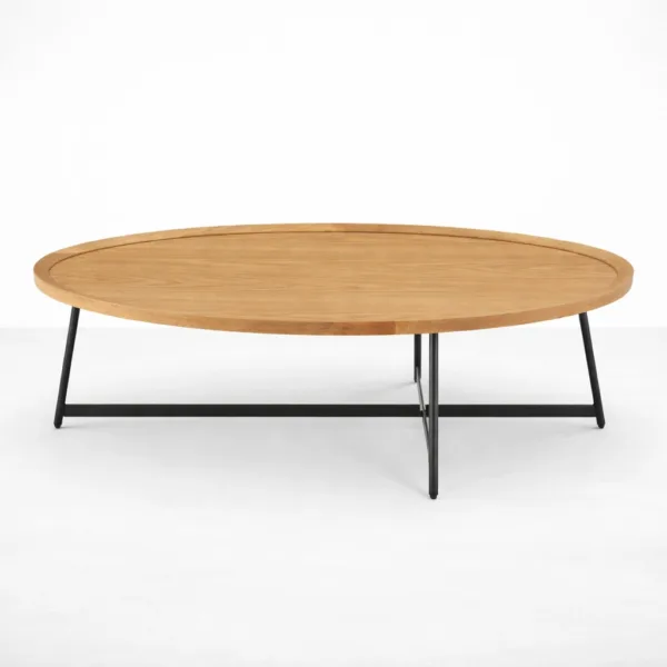INTERIORZE ash wood oval coffee table with black metal base in natural finish