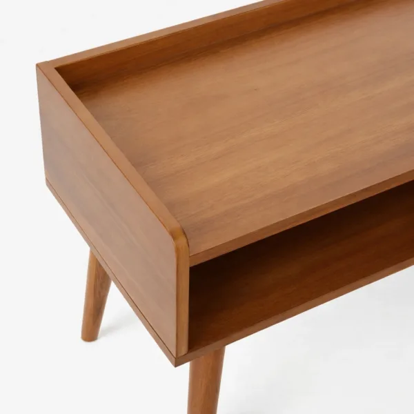 Close-up of the raised tray top detail of the Linear Tray teak wood TV console by INTERIORZE