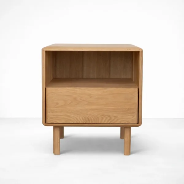 front view of ashwood bedside table with open shelf and drawer