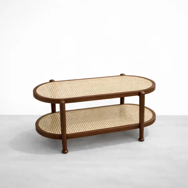 Oval cane shelf teak wood centre table by INTERIORZE with dual cane shelves and wooden legs