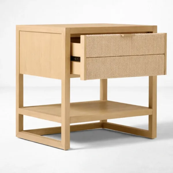 front view of ashwood bedside table with drawer and open shelf