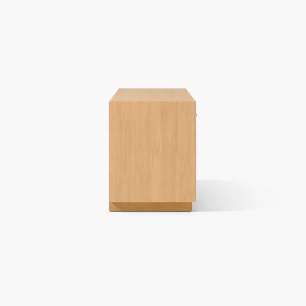 Side view of the Ivory Frame teak wood media console by INTERIORZE