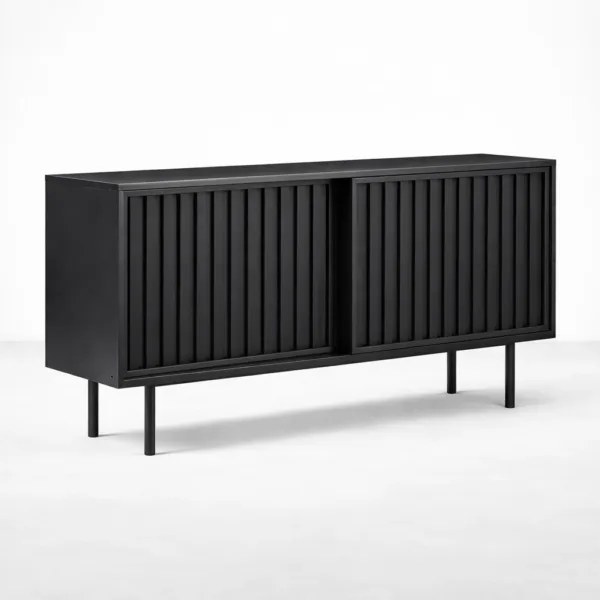 Shadow Slat teak wood media console by INTERIORZE with open shelves and sliding slatted doors