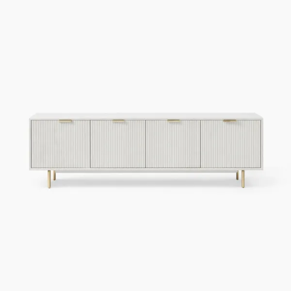 Angled view of the Pearl Fluted teak wood media console with slim gold legs by INTERIORZE