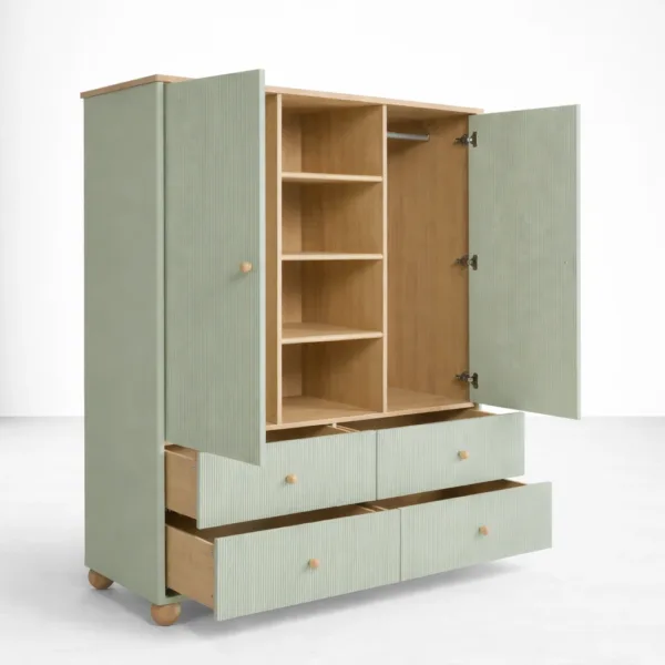 Sage green teak wood wardrobe with drawers by INTERIORZE