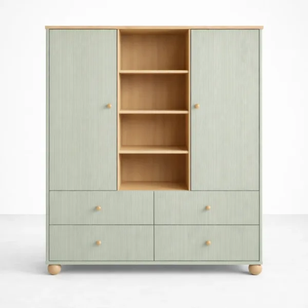 Sage green teak wood wardrobe with drawers by INTERIORZE