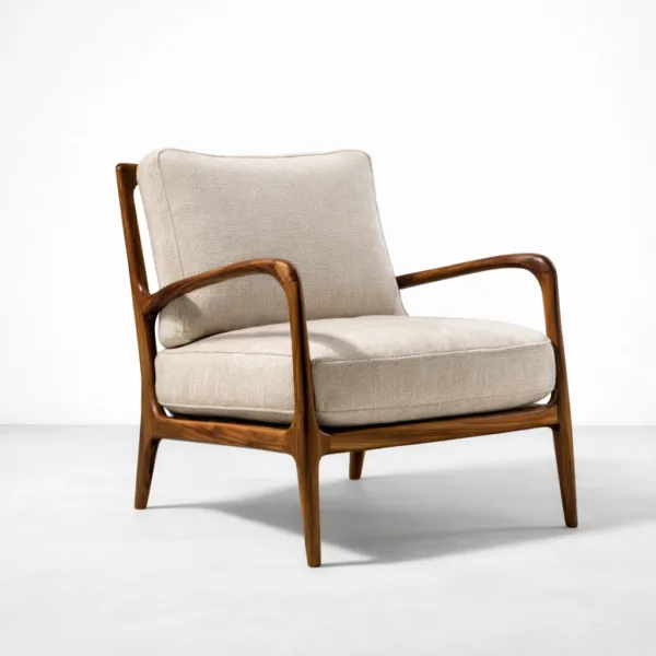 Teakwood arm chair with beige fabric upholstery and walnut polish
