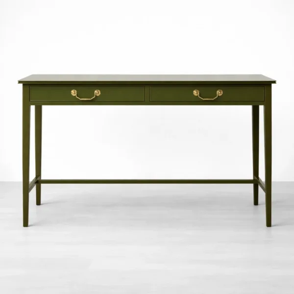 Olive green teak wood study table with drawers