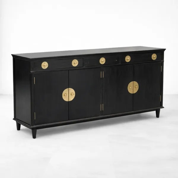 NTERIORZE Regent Brass Teak Wood Sideboard in black-brown finish with brass hardware