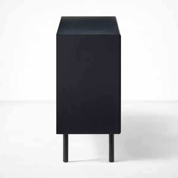 Side view of the Shadow Slat teak wood media console by INTERIORZE