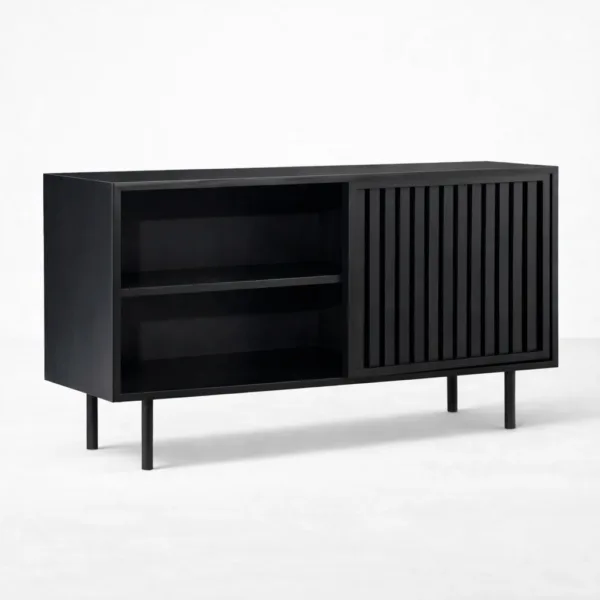Rear angled view of the Shadow Slat teak wood media console with slatted sliding doors
