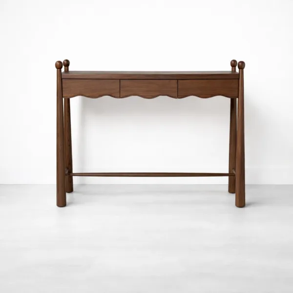 Teak wood study table with 3 drawers and scalloped front detail
