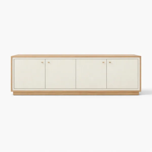 Angled view of the Ivory Frame teak wood media console with ivory front panels