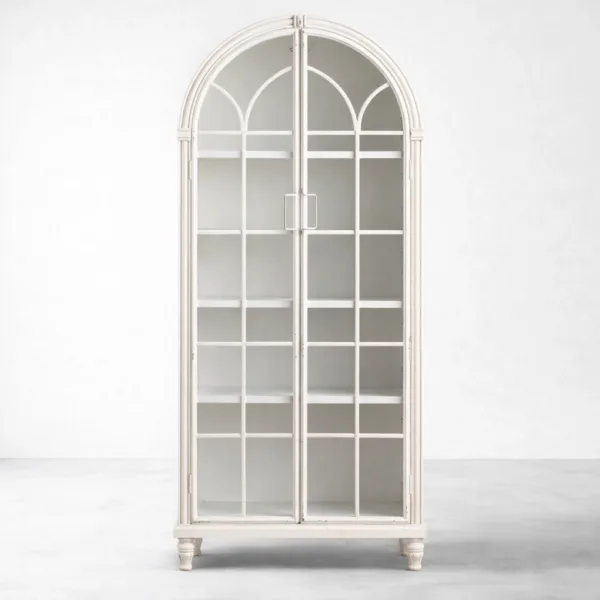 Distressed White Arched Glass Showcase Cabinet
