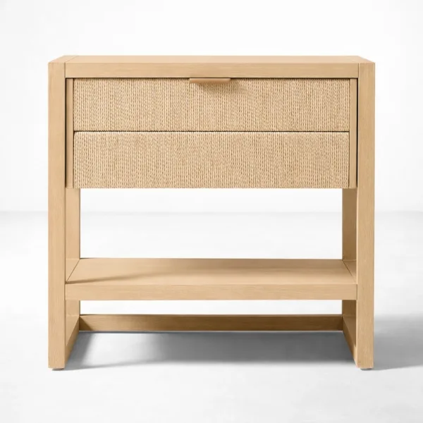 front view of ashwood bedside table with drawer and open shelf