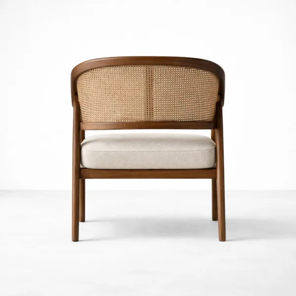 Back view of teakwood cane back arm chair with walnut polish