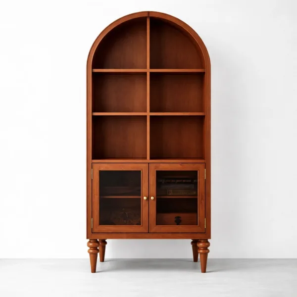 Arched Glass Door Teak Wood Showcase Cabinet