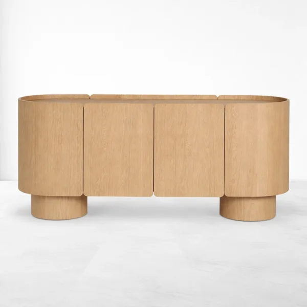 INTERIORZE Aurelle Curve Ash Wood Sideboard front view with rounded ends and pedestal base