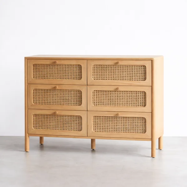 angled view of ash wood cane chest of drawers