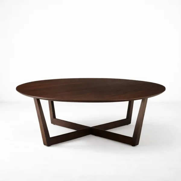 INTERIORZE teakwood oval center table with sculptural cross base in dark walnut finish teakwood center table