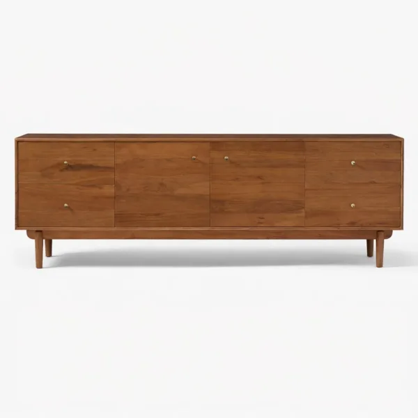 Front view of the Horizon Panel teak wood media console with panel-front storage design
