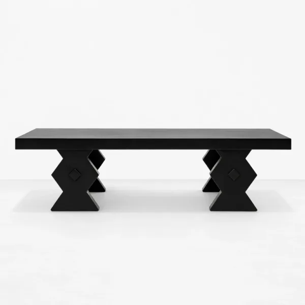 INTERIORZE teakwood black center table with rectangular top and geometric sculptural base