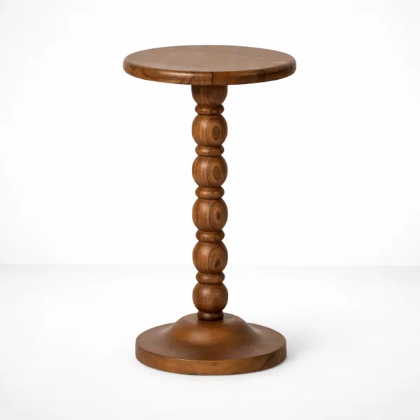 Beaded Spindle teak wood side table by INTERIORZE with round top and turned pedestal base