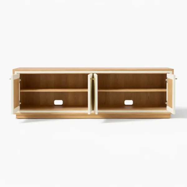 Open view of the Ivory Frame teak wood media console showing internal shelves and cable access